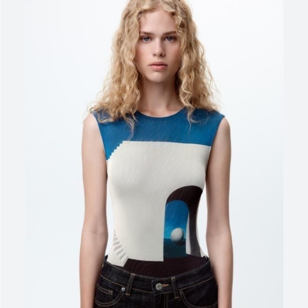 Zara NWT sleeveless tulle bodysuit blue gray 4764/002